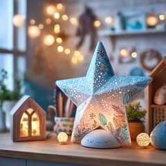 A beautiful star-shaped lamp illuminating a cozy room.