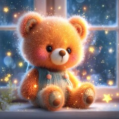 Adorable teddy bear sitting by a window with twinkling stars.