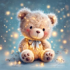 A cute teddy bear surrounded by soft lights and sparkles.