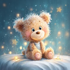 Cute teddy bear sitting with stars, creating a cozy atmosphere.