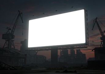 Large blank billboard in a dark industrial construction site