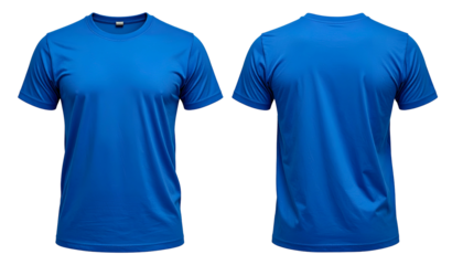 Front and back views of a plain, blue crew neck t-shirt on a black background