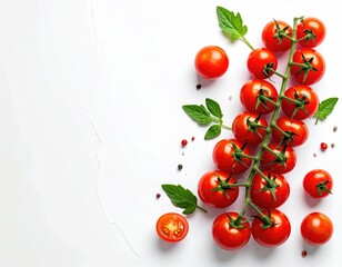 Vine of ripe tomatoes on white