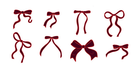 Set of dark red ribbon bows in coquette style.