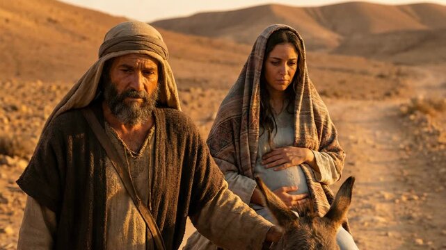  Joseph leads pregnant Mary on donkey through desert, a spiritual journey often associated with Christmas.