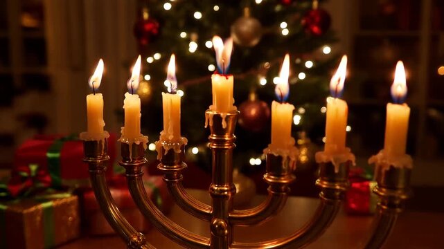 Candles of a Hanukkah menorah burning brightly in front of a Christmas tree with presents, celebrating both Hanukkah and Christmas traditions.