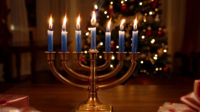 Brass menorah with blue candles lighting up and gifts against a blurred christmas tree celebration during hanukkah holiday