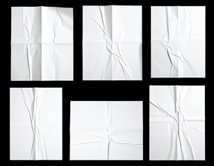 Six crumpled, folded white paper sheets on black background