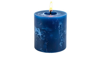 A close-up of a thick, blue candle with a lit flame against a black background