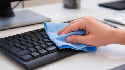 Close-up of a hand cleaning a computer keyboard with a blue microfiber cloth on a white desk, illustrating careful keyboard maintenance at home and in the office
