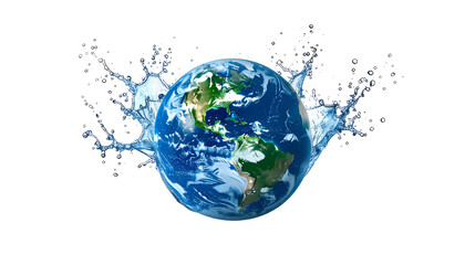 A planet Earth graphic surrounded by splashing water, on a black background