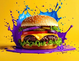 Delicious burger with splashy purple sauce on yellow background