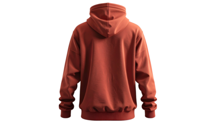 Rear view of a terracotta-colored hoodie against a black background