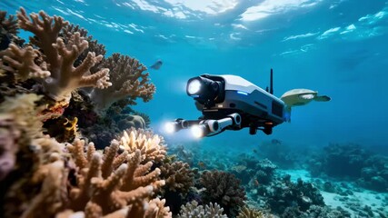 Underwater medium shot of a remotely operated vehicle ROV inspecting coral reefs showcasing advanced underwater technology in marine conservation efforts.
