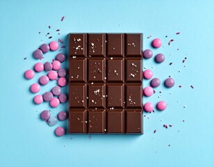 Dark chocolate bar with pink candies on a bright blue background