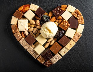Heart of fudge, nuts, and ice cream on dark background