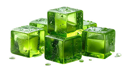 Six clear, green, gelatinous cubes, glistening with moisture, stacked on a black background