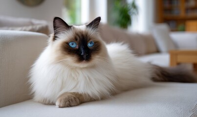 A cat with blue eyes and long white fur is laying on a couch