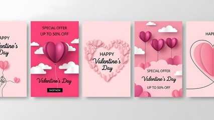 Pink valentines day cards with heart balloons and clouds
