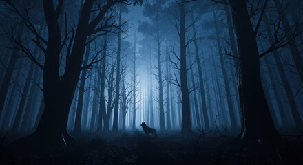A silhouetted wolf stands out against a dark blue forest, illuminated by dramatic lighting. Moody trees and a night scene create a mysterious and tranquil atmosphere.