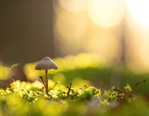 Tiny mushroom, mossy bed, golden sunlight backlighting