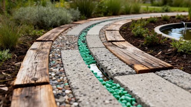 Medium shot of an outdoor path made from mixed recycled materials emphasizing innovative permeability and environmental impact.