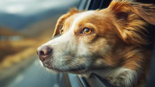 Golden-eyed border collie mix leans from car window, fur ruffled by wind, closeup against blurred country road and hills, soft evening light in background, concept of road trip freedom