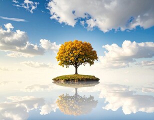 Autumn tree on small island reflected in water below