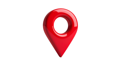 Glossy, red location marker pin, floating on a black background, suggesting navigation