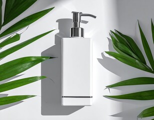 White bottle, dispenser, clean design, palm leaf shadows