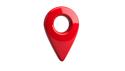 A glossy, red pin-like icon, marking a location on a black background, centered
