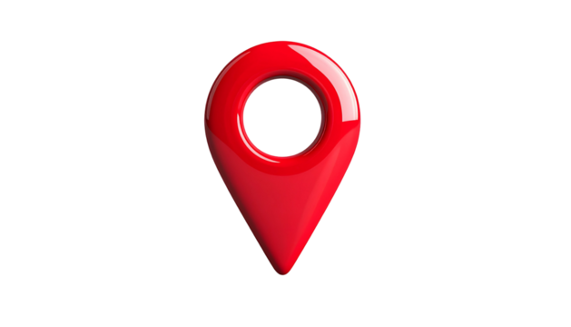 A glossy, red location marker pin floats centered on a stark black background - Powered by Adobe