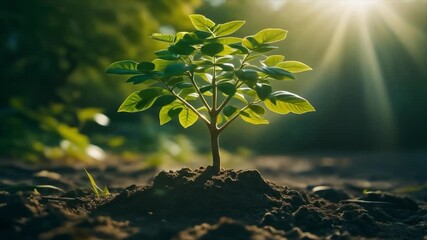 Young green plant sprouting from a mound of dark soil in bright sunlight seedling growth