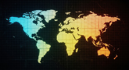 Stylized world map with a geometric grid overlay, featuring a gradient of blue, yellow, and orange hues on a dark background, creating a textured and visually striking graphic.