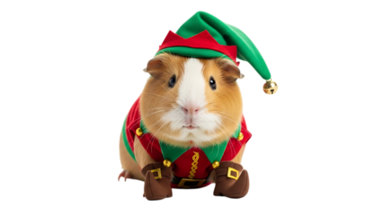 Guinea pig wearing a festive elf costume with hat and boots christmas holiday