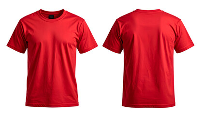 Front and back views of a plain, vibrant red crew neck t-shirt on a black background (1)