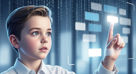 A young boy in a white shirt interacts with a futuristic digital interface displaying translucent blue boxes, suggesting technological innovation and interactive learning.