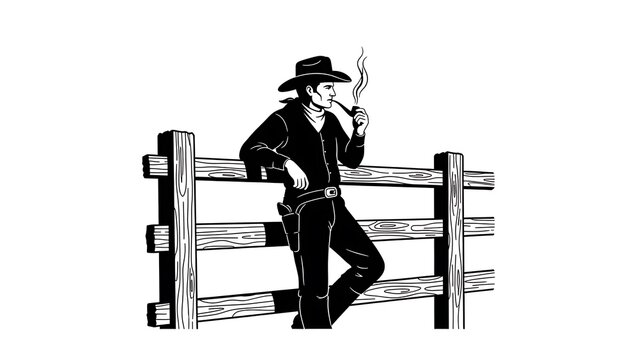 Cowboy smoking pipe by wooden fence
