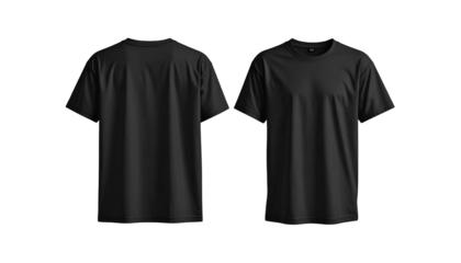 Black t-shirt mockups showing front and back views against a black background