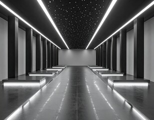 Modern stark hall; dark columns, bright light strips above
