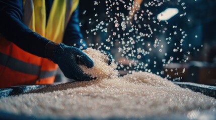 Medium shot of industrial worker mixing recycled resin pellets with virgin materials highlighting sustainable manufacturing processes and ecofriendly innovation