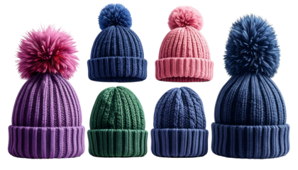 Array of colorful knitted winter beanies with pom-poms; isolated on black