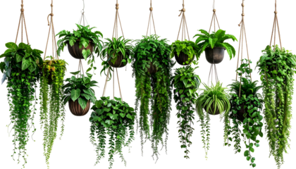 Lush green hanging plants in various ornate pots suspended by ropes against a black backdrop