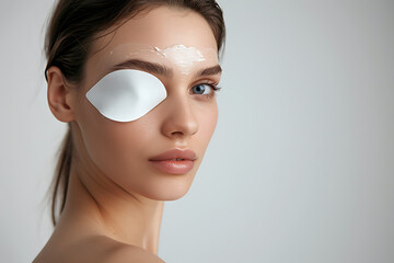 Woman with eye mask and cream on forehead looking forward