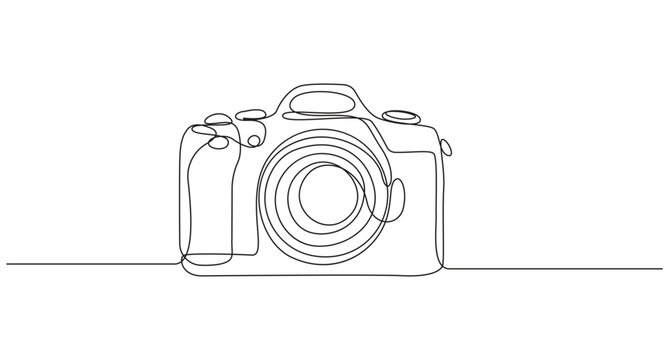A line drawing of a digital camera on a white background,camera continuous one line art drawing,
