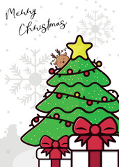 Joyful Kawaii Reindeer on Christmas Tree Greeting Card Vector