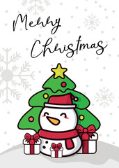 Sweet Kawaii Snowman under Christmas Tree Holiday Card Vecto