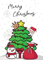 Magical Kawaii Christmas Scene with Santa, Reindeer and Snowman Card Vector