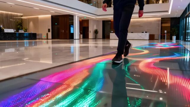 Medium shot of an interactive floor with vibrant LED lights illuminating footsteps in dynamic patterns as a person walks across a modern lobby space.