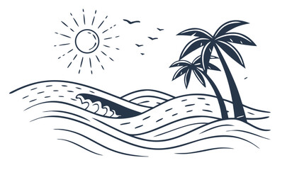 Ocean wave and tropical beach scene with palm trees and sun, summer surfing theme vector sketch.